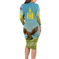 Mongolia Family Matching Long Sleeve Bodycon Dress and Hawaiian Shirt with Eagle Map Eternal Blue Sky Steppe Spirit