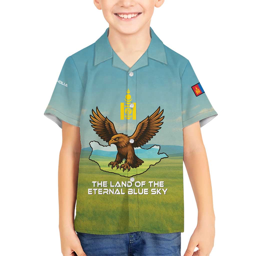 Mongolia Family Matching Long Sleeve Bodycon Dress and Hawaiian Shirt with Eagle Map Eternal Blue Sky Steppe Spirit