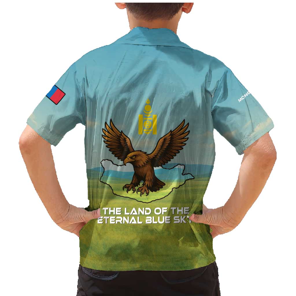 Mongolia Family Matching Mermaid Dress and Hawaiian Shirt with Eagle Map Eternal Blue Sky Steppe Spirit