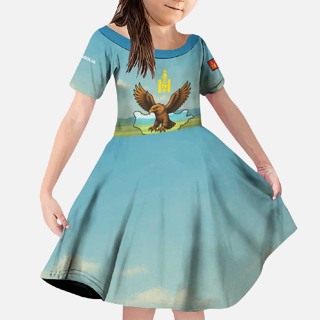 Mongolia Family Matching Mermaid Dress and Hawaiian Shirt with Eagle Map Eternal Blue Sky Steppe Spirit
