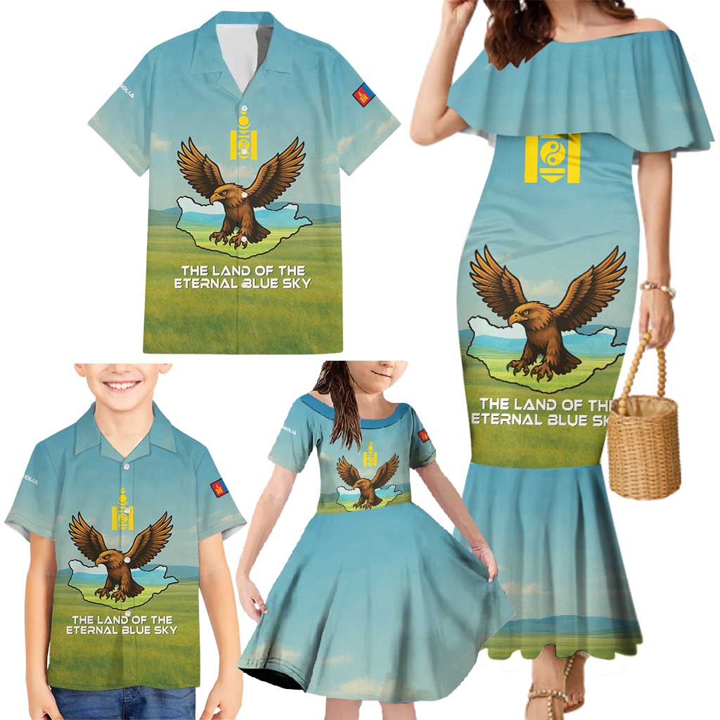 Mongolia Family Matching Mermaid Dress and Hawaiian Shirt with Eagle Map Eternal Blue Sky Steppe Spirit
