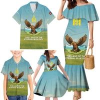 Mongolia Family Matching Mermaid Dress and Hawaiian Shirt with Eagle Map Eternal Blue Sky Steppe Spirit