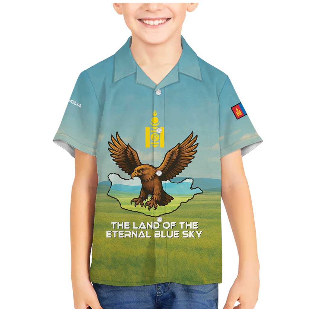 Mongolia Family Matching Mermaid Dress and Hawaiian Shirt with Eagle Map Eternal Blue Sky Steppe Spirit