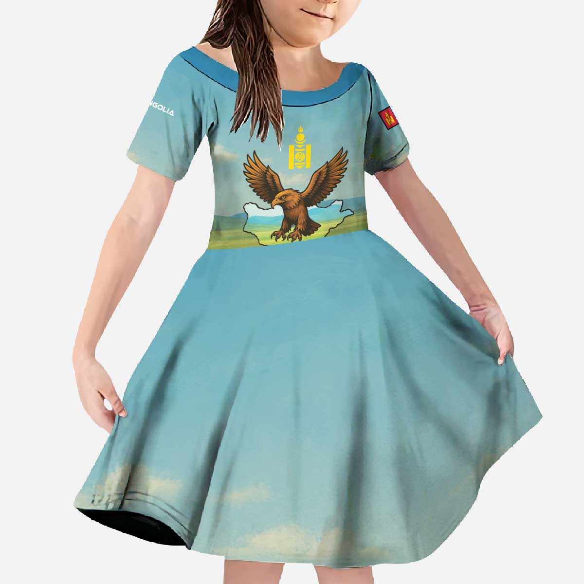 Mongolia Family Matching Off The Shoulder Long Sleeve Dress and Hawaiian Shirt with Eagle Map Eternal Blue Sky Steppe Spirit