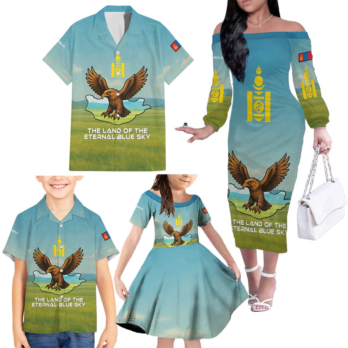 Mongolia Family Matching Off The Shoulder Long Sleeve Dress and Hawaiian Shirt with Eagle Map Eternal Blue Sky Steppe Spirit