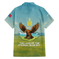 Mongolia Family Matching Off The Shoulder Long Sleeve Dress and Hawaiian Shirt with Eagle Map Eternal Blue Sky Steppe Spirit