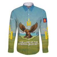 Mongolia Family Matching Off The Shoulder Long Sleeve Dress and Hawaiian Shirt with Eagle Map Eternal Blue Sky Steppe Spirit