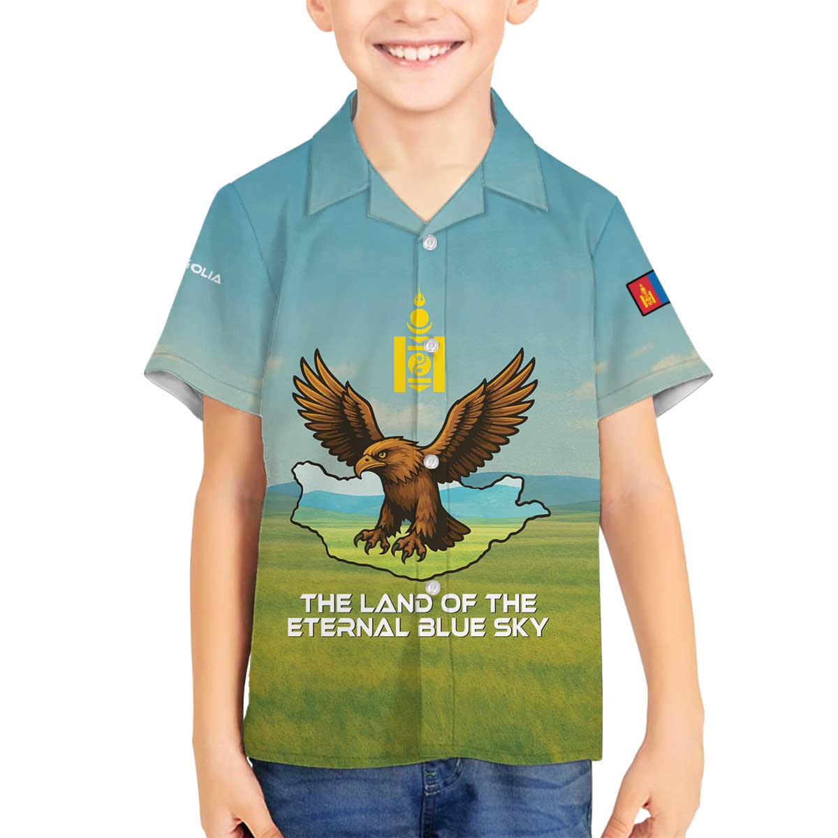 Mongolia Family Matching Off The Shoulder Long Sleeve Dress and Hawaiian Shirt with Eagle Map Eternal Blue Sky Steppe Spirit