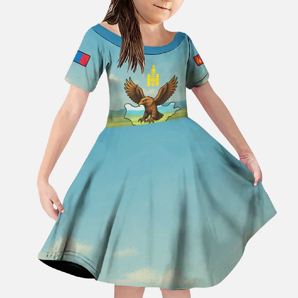 Mongolia Family Matching Off Shoulder Maxi Dress and Hawaiian Shirt with Eagle Map Eternal Blue Sky Steppe Spirit