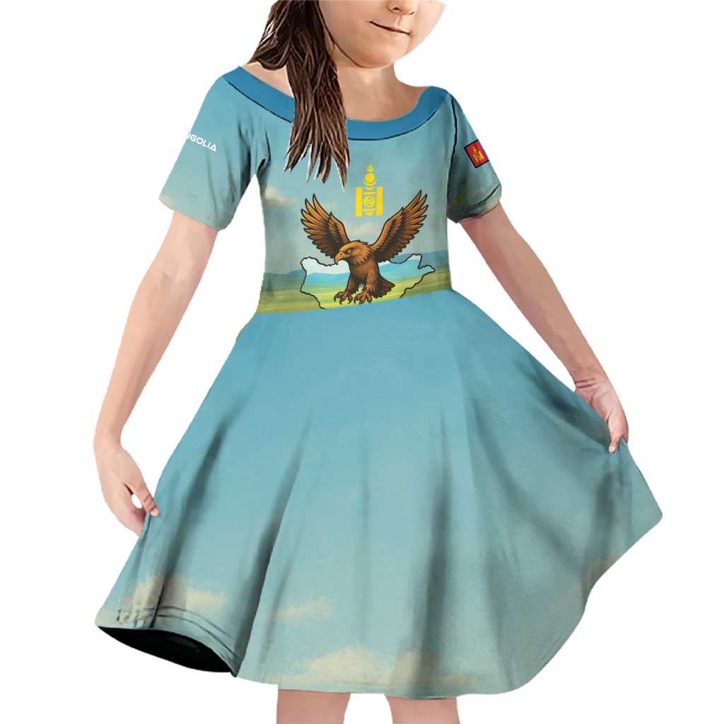 Mongolia Family Matching Off Shoulder Short Dress and Hawaiian Shirt with Eagle Map Eternal Blue Sky Steppe Spirit