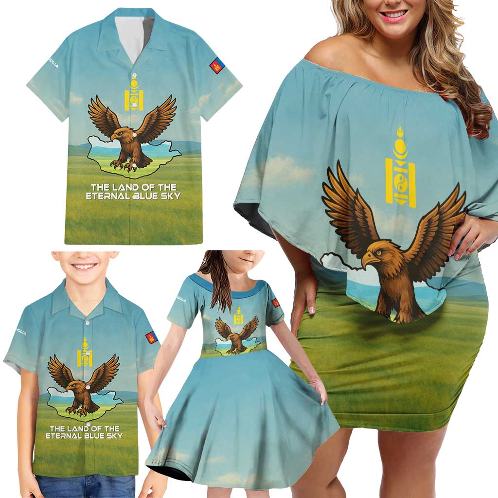 Mongolia Family Matching Off Shoulder Short Dress and Hawaiian Shirt with Eagle Map Eternal Blue Sky Steppe Spirit