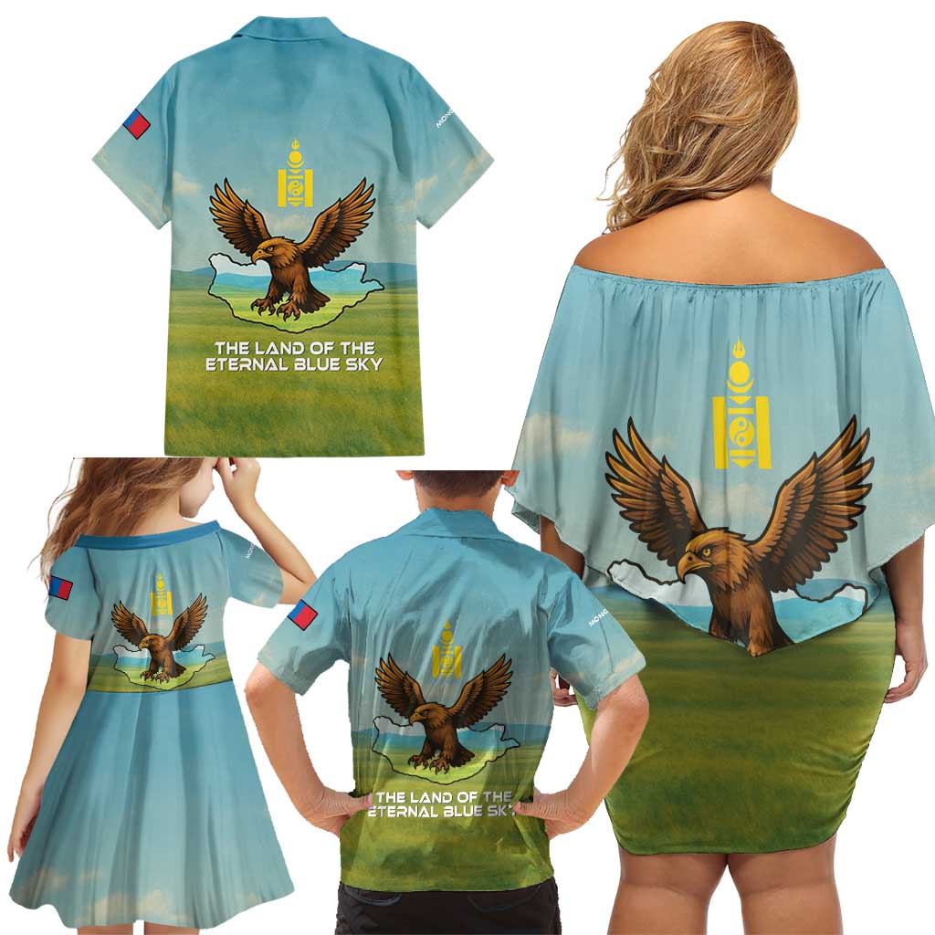 Mongolia Family Matching Off Shoulder Short Dress and Hawaiian Shirt with Eagle Map Eternal Blue Sky Steppe Spirit