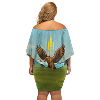 Mongolia Family Matching Off Shoulder Short Dress and Hawaiian Shirt with Eagle Map Eternal Blue Sky Steppe Spirit