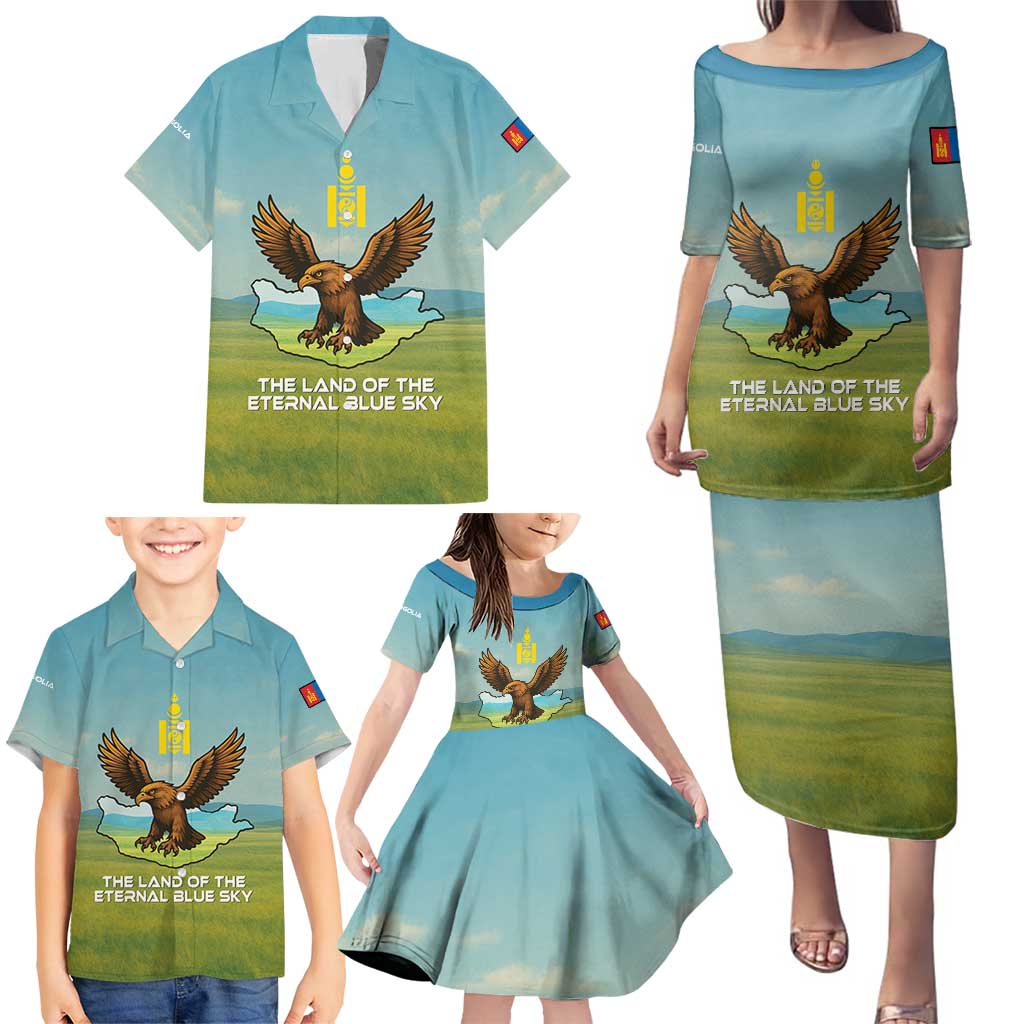Mongolia Family Matching Puletasi and Hawaiian Shirt with Eagle Map Eternal Blue Sky Steppe Spirit