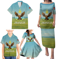 Mongolia Family Matching Puletasi and Hawaiian Shirt with Eagle Map Eternal Blue Sky Steppe Spirit