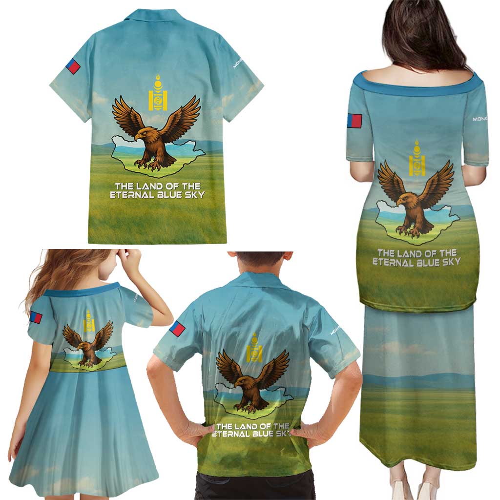 Mongolia Family Matching Puletasi and Hawaiian Shirt with Eagle Map Eternal Blue Sky Steppe Spirit