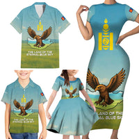 Mongolia Family Matching Short Sleeve Bodycon Dress and Hawaiian Shirt with Eagle Map Eternal Blue Sky Steppe Spirit
