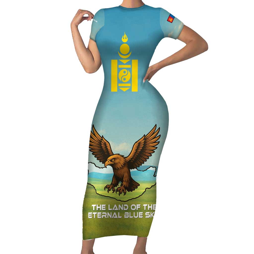 Mongolia Family Matching Short Sleeve Bodycon Dress and Hawaiian Shirt with Eagle Map Eternal Blue Sky Steppe Spirit
