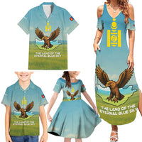 Mongolia Family Matching Summer Maxi Dress and Hawaiian Shirt with Eagle Map Eternal Blue Sky Steppe Spirit