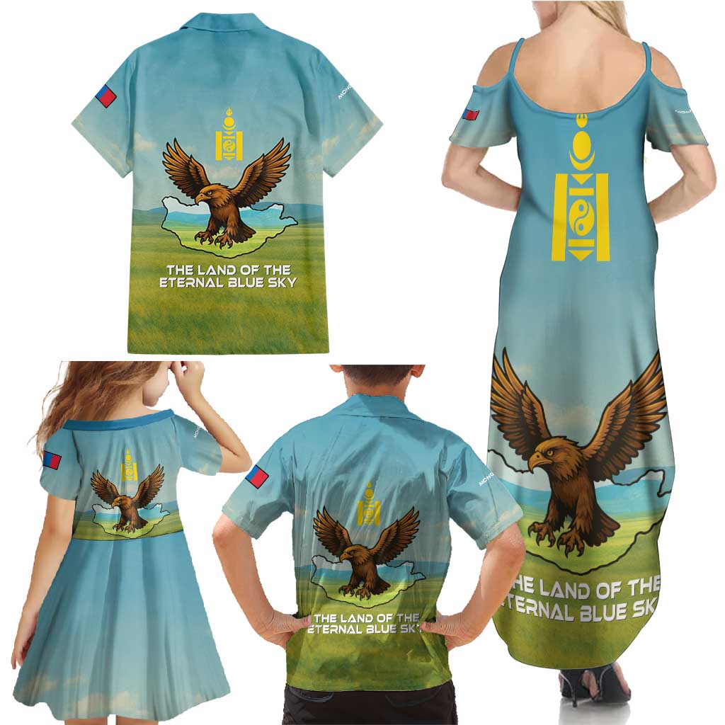 Mongolia Family Matching Summer Maxi Dress and Hawaiian Shirt with Eagle Map Eternal Blue Sky Steppe Spirit