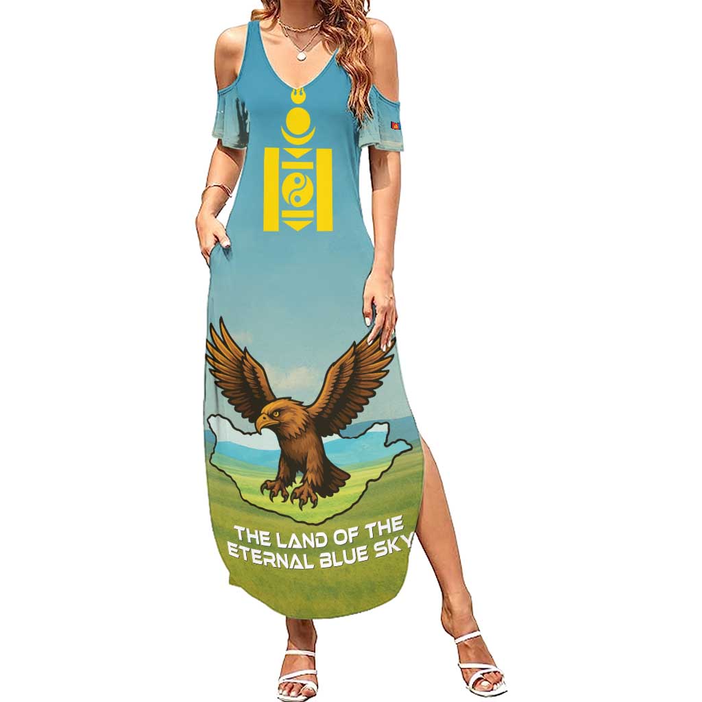 Mongolia Family Matching Summer Maxi Dress and Hawaiian Shirt with Eagle Map Eternal Blue Sky Steppe Spirit