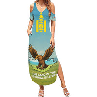 Mongolia Family Matching Summer Maxi Dress and Hawaiian Shirt with Eagle Map Eternal Blue Sky Steppe Spirit
