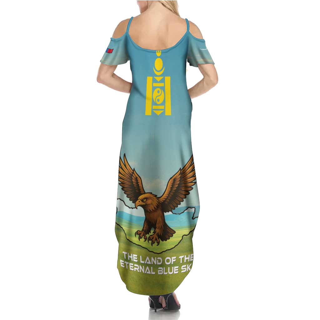 Mongolia Family Matching Summer Maxi Dress and Hawaiian Shirt with Eagle Map Eternal Blue Sky Steppe Spirit