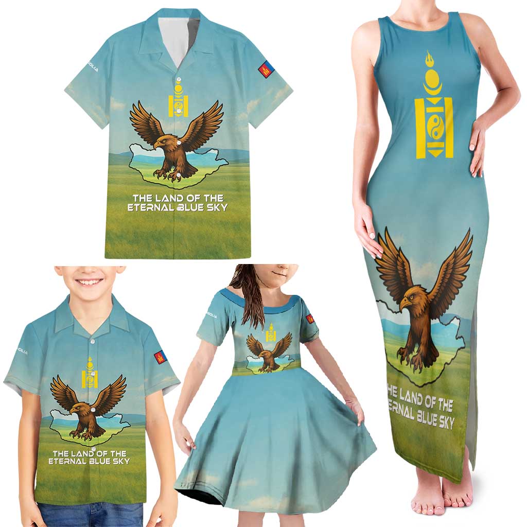 Mongolia Family Matching Tank Maxi Dress and Hawaiian Shirt with Eagle Map Eternal Blue Sky Steppe Spirit