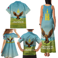 Mongolia Family Matching Tank Maxi Dress and Hawaiian Shirt with Eagle Map Eternal Blue Sky Steppe Spirit
