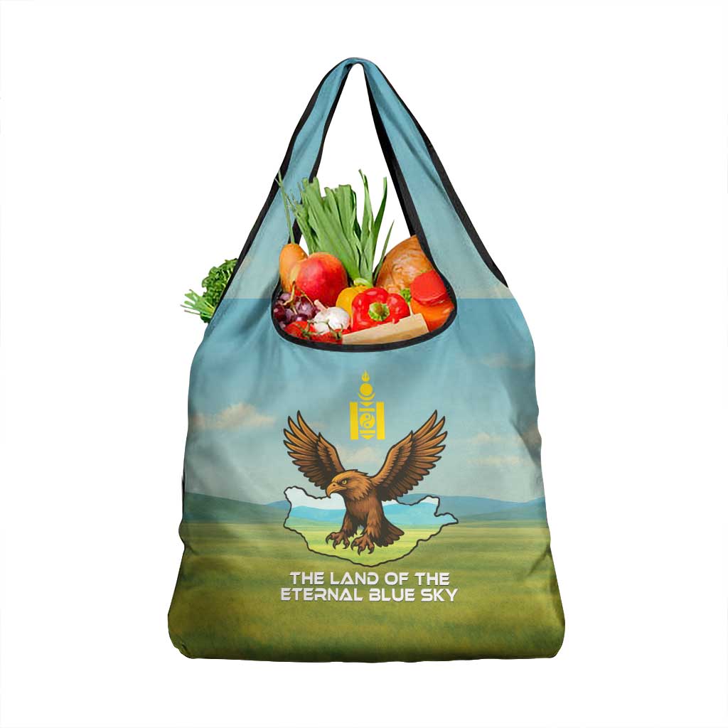 Mongolia Grocery Bag with Eagle Map Eternal Blue Sky Steppe Spirit