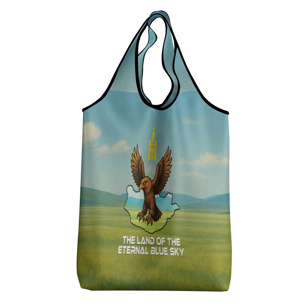 Mongolia Grocery Bag with Eagle Map Eternal Blue Sky Steppe Spirit