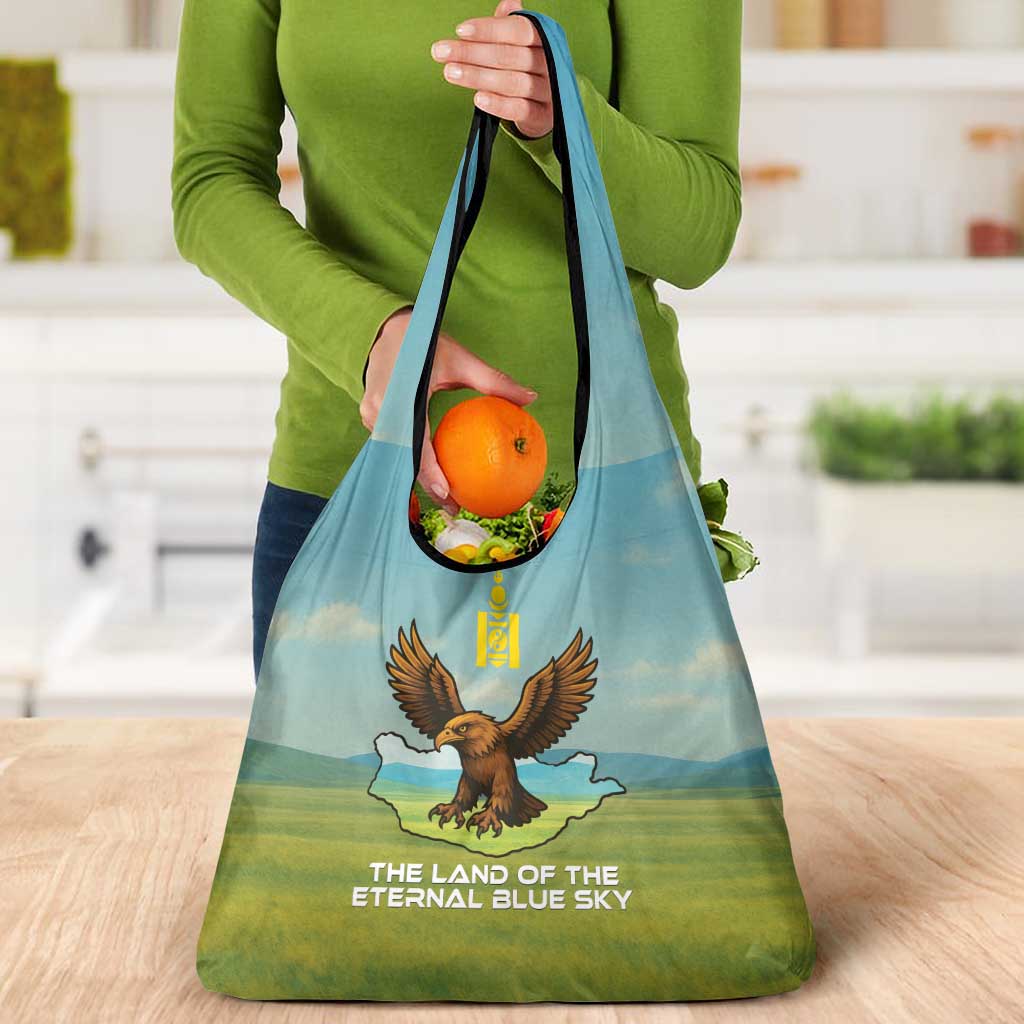 Mongolia Grocery Bag with Eagle Map Eternal Blue Sky Steppe Spirit
