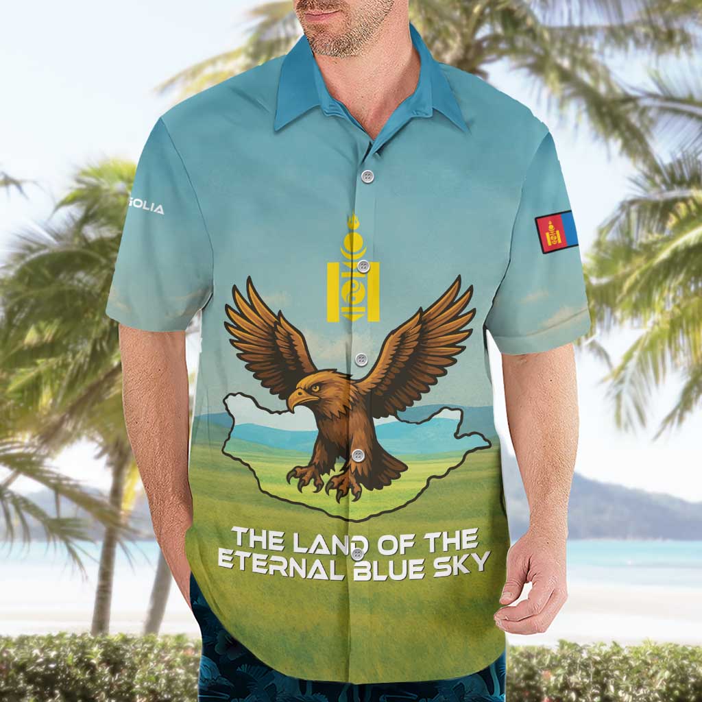 Mongolia Hawaiian Shirt with Eagle Map Eternal Blue Sky Steppe Spirit