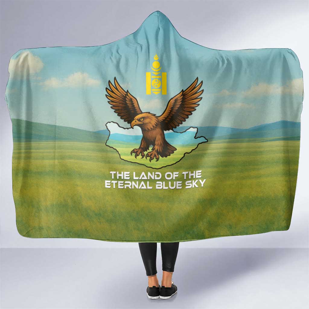 Mongolia Hooded Blanket with Eagle Map Eternal Blue Sky Steppe Spirit