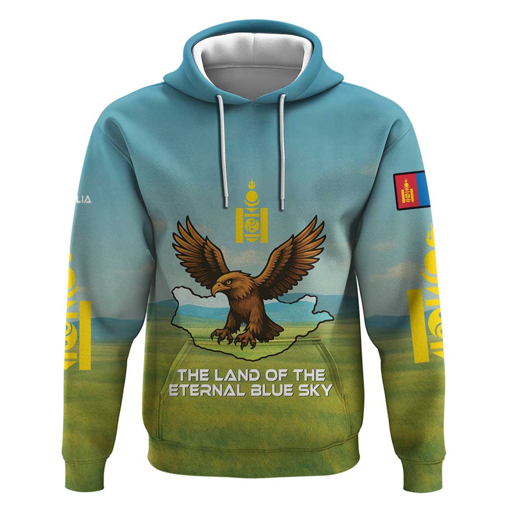 Mongolia Hoodie with Eagle Map Eternal Blue Sky Steppe Spirit