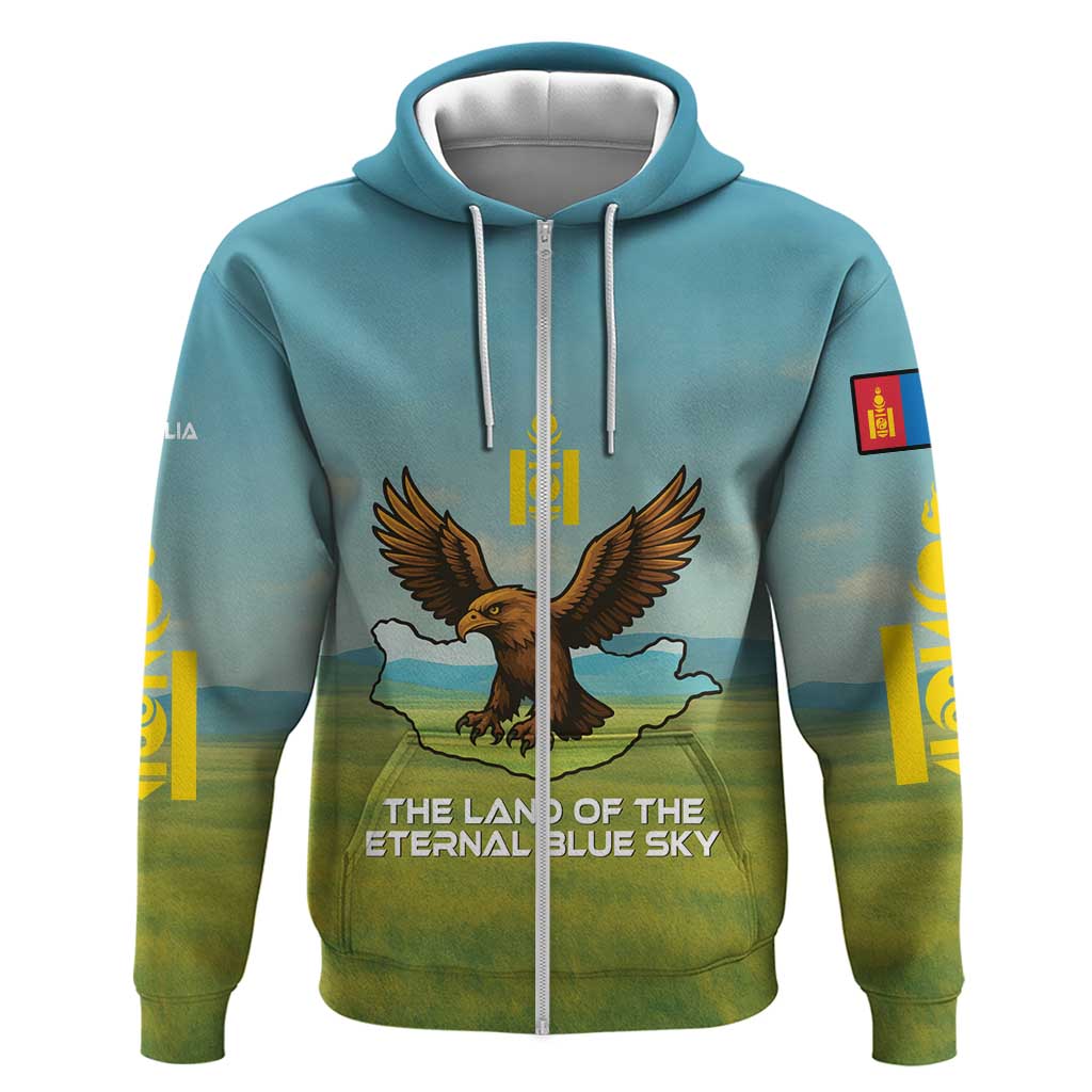 Mongolia Hoodie with Eagle Map Eternal Blue Sky Steppe Spirit