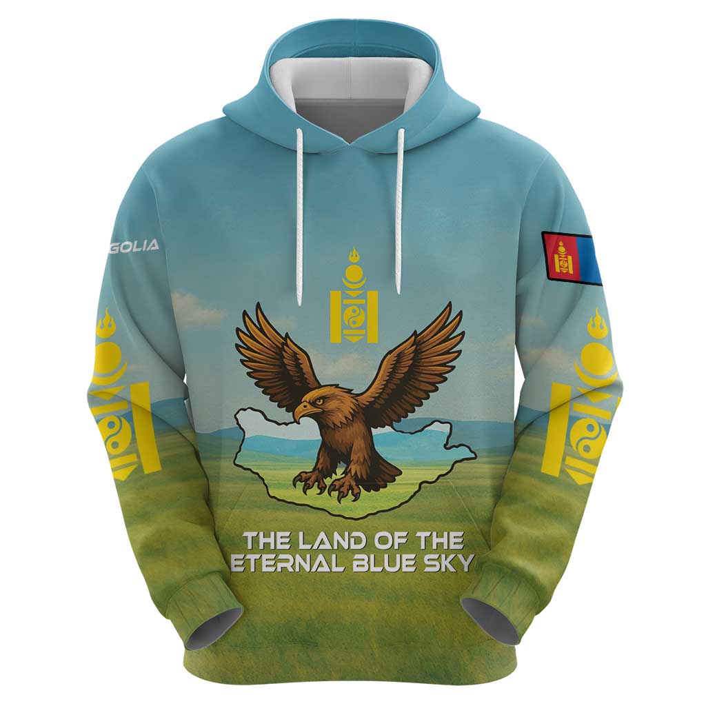 Mongolia Hoodie with Eagle Map Eternal Blue Sky Steppe Spirit