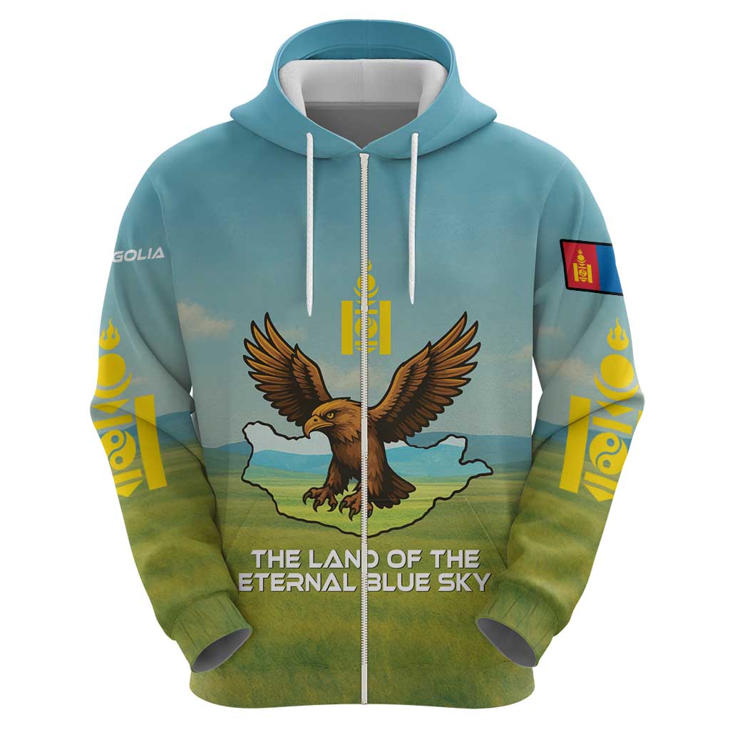 Mongolia Hoodie with Eagle Map Eternal Blue Sky Steppe Spirit