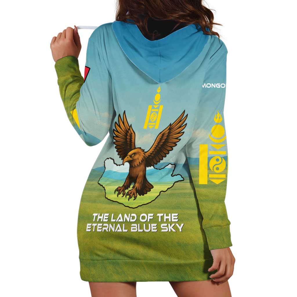 Mongolia Hoodie Dress with Eagle Map Eternal Blue Sky Steppe Spirit