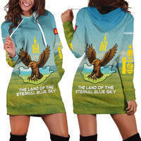 Mongolia Hoodie Dress with Eagle Map Eternal Blue Sky Steppe Spirit