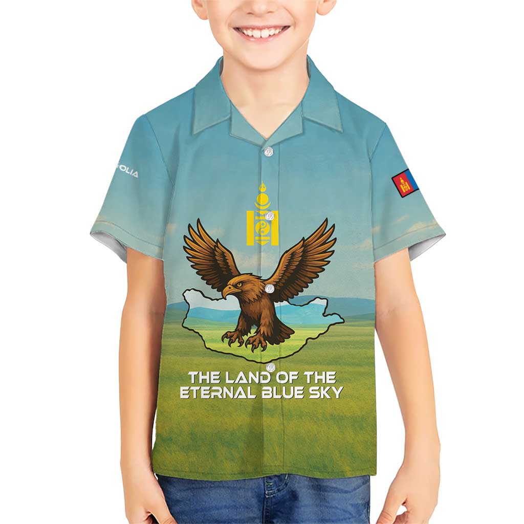 Mongolia Kid Hawaiian Shirt with Eagle Map Eternal Blue Sky Steppe Spirit