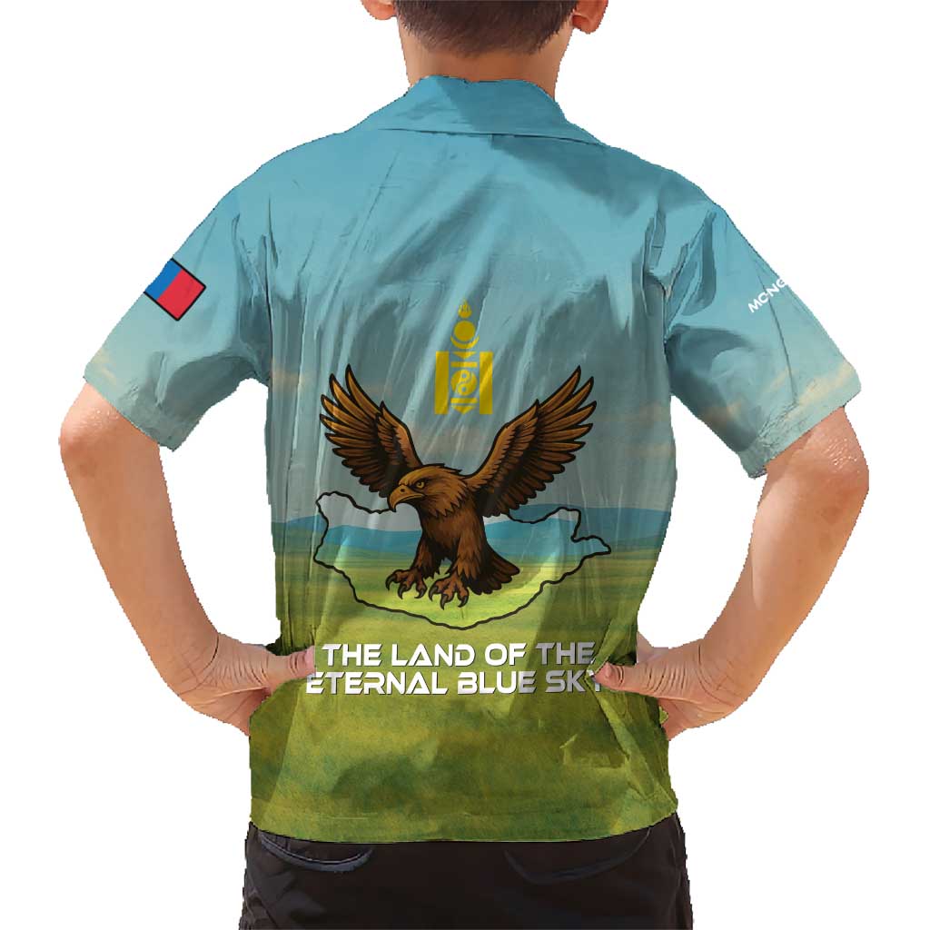 Mongolia Kid Hawaiian Shirt with Eagle Map Eternal Blue Sky Steppe Spirit