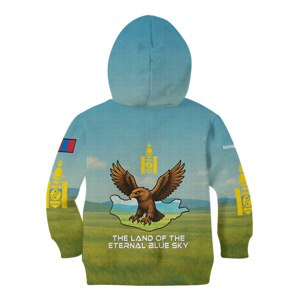 Mongolia Kid Hoodie with Eagle Map Eternal Blue Sky Steppe Spirit