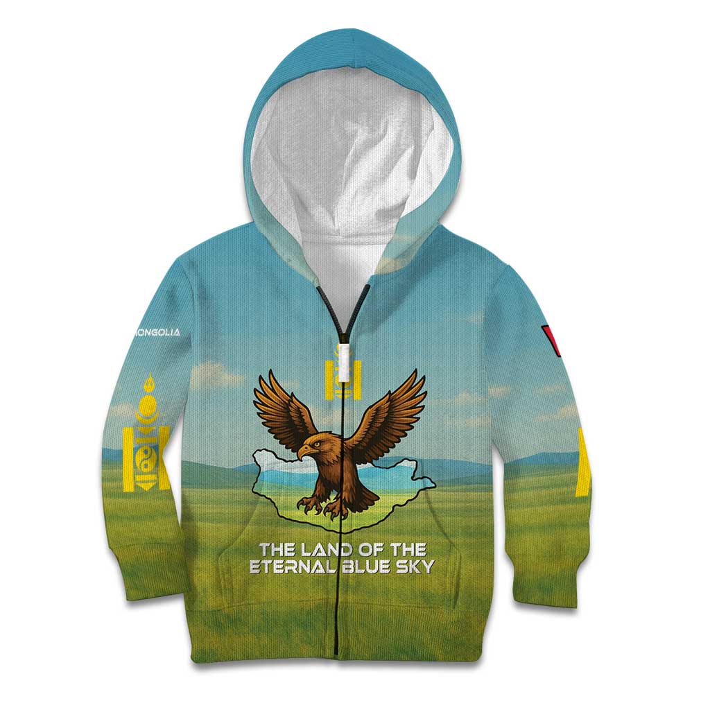 Mongolia Kid Hoodie with Eagle Map Eternal Blue Sky Steppe Spirit