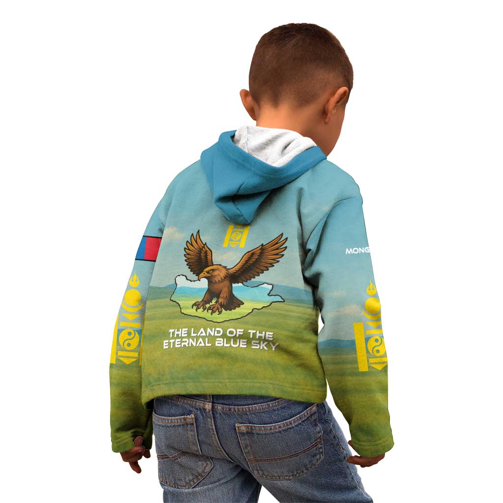 Mongolia Kid Hoodie with Eagle Map Eternal Blue Sky Steppe Spirit