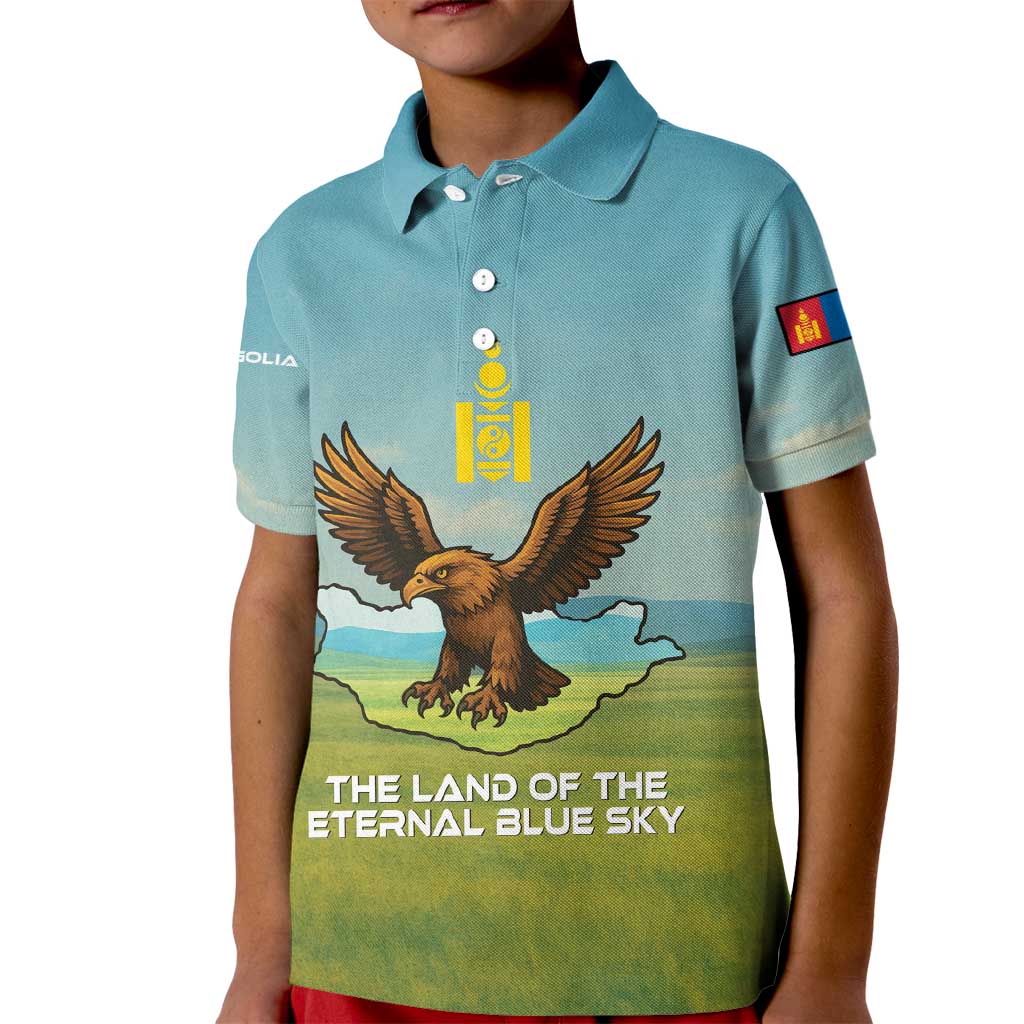 Mongolia Kid Polo Shirt with Eagle Map Eternal Blue Sky Steppe Spirit