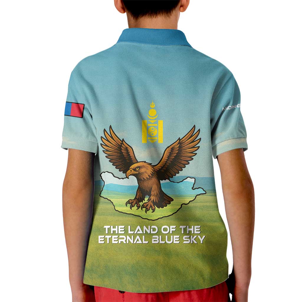 Mongolia Kid Polo Shirt with Eagle Map Eternal Blue Sky Steppe Spirit