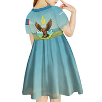 Mongolia Kid Short Sleeve Dress with Eagle Map Eternal Blue Sky Steppe Spirit