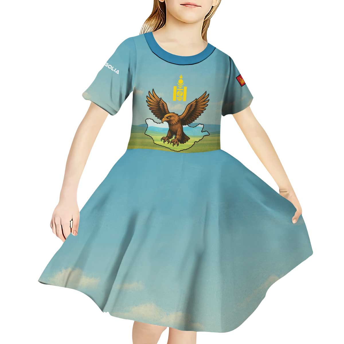 Mongolia Kid Short Sleeve Dress with Eagle Map Eternal Blue Sky Steppe Spirit