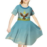 Mongolia Kid Short Sleeve Dress with Eagle Map Eternal Blue Sky Steppe Spirit